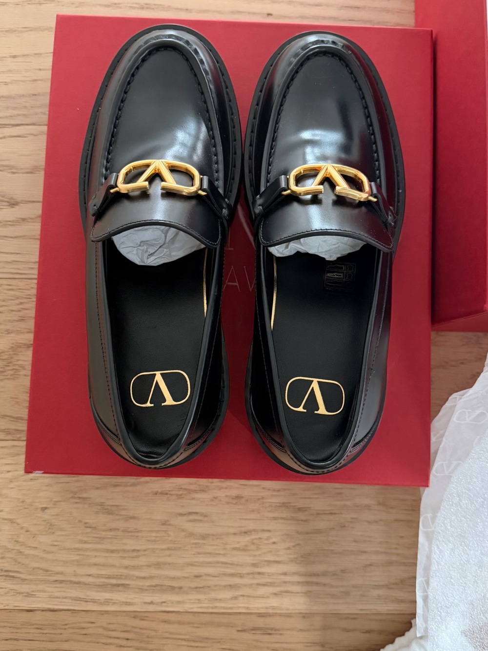 NIB Valentino Garavani Black Leather Loafers with Gold Logo Hardware
